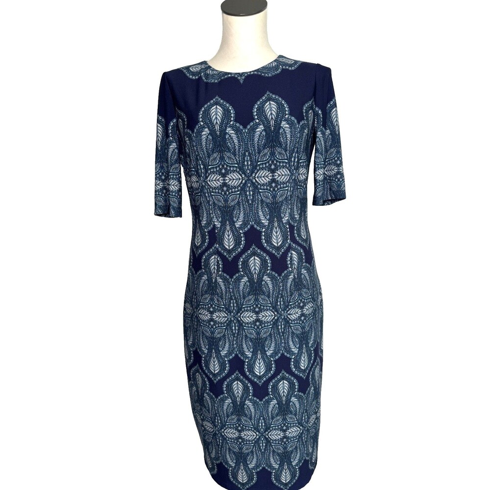 White House Black Market Sheath Blue Printed Dress Size 6 Stretch Lined